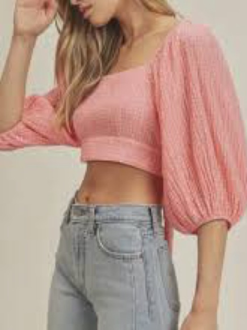 Lush Pink Puff-Sleeve Cropped Knit Top